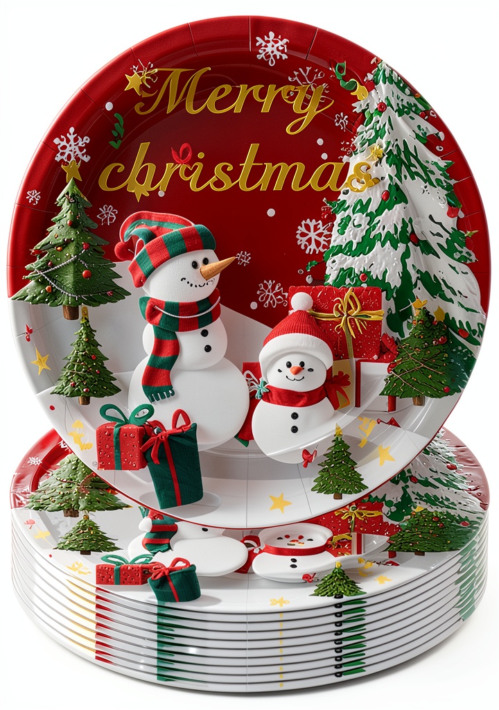 Christmas paper plates with snowman design on a festive table setting