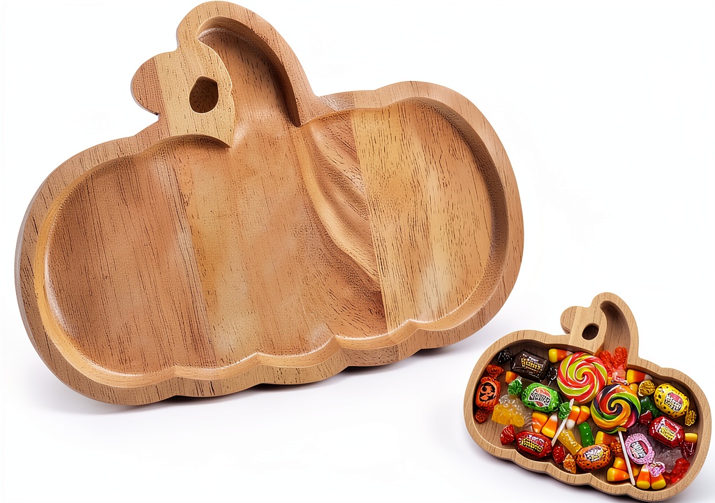 GLEAVI wood pumpkin serving tray on a festive table setting