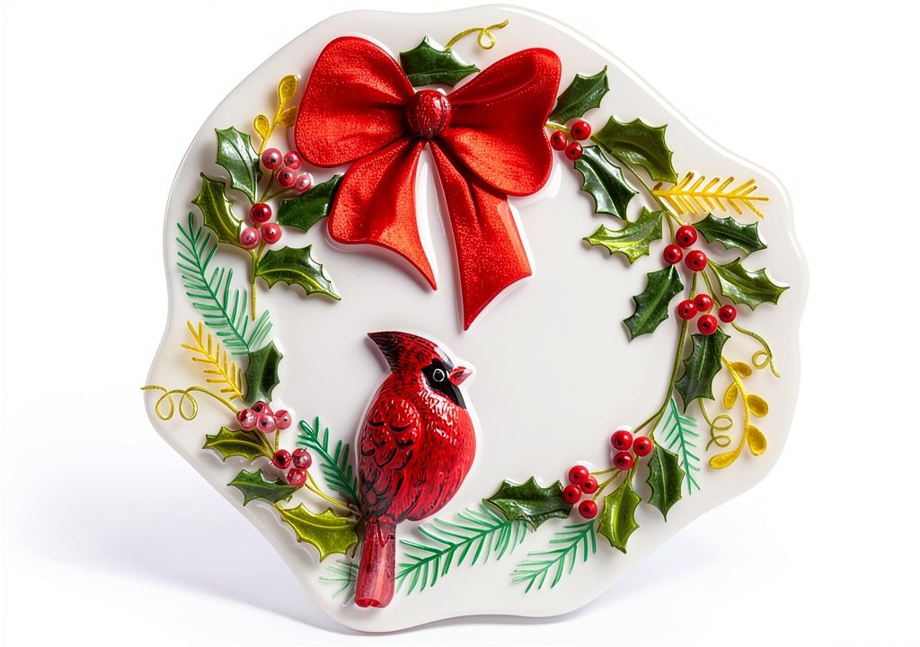 Mud Pie green glass serve plate with hand-painted wreath design on a dining table