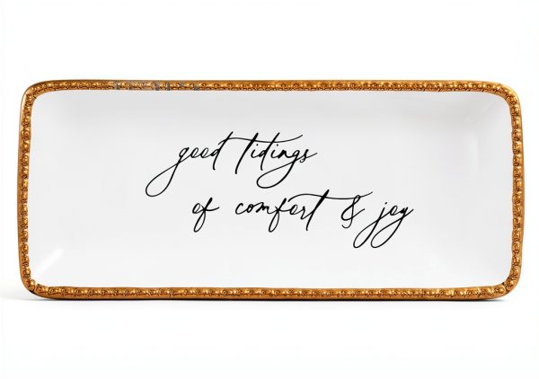 Mud Pie White Stoneware Tray Gold Edge Rectangular Plate-0