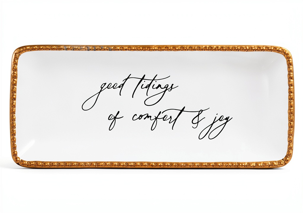 Mud Pie white stoneware tray with gold edge on a dining table