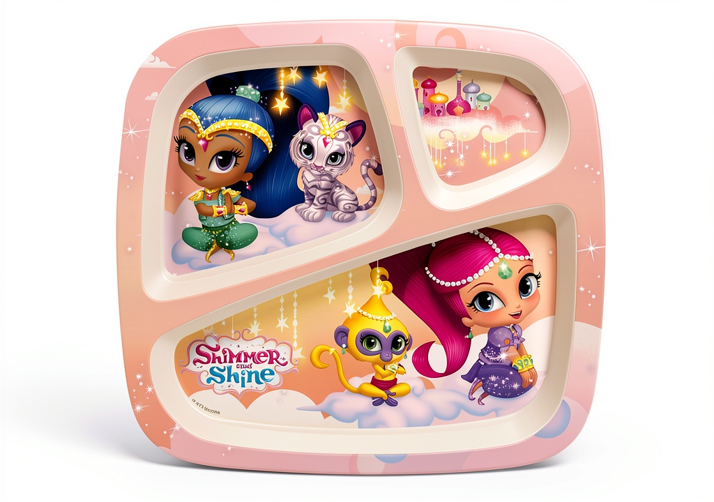 Shimmer and Shine kids plate on a dining table with food sections