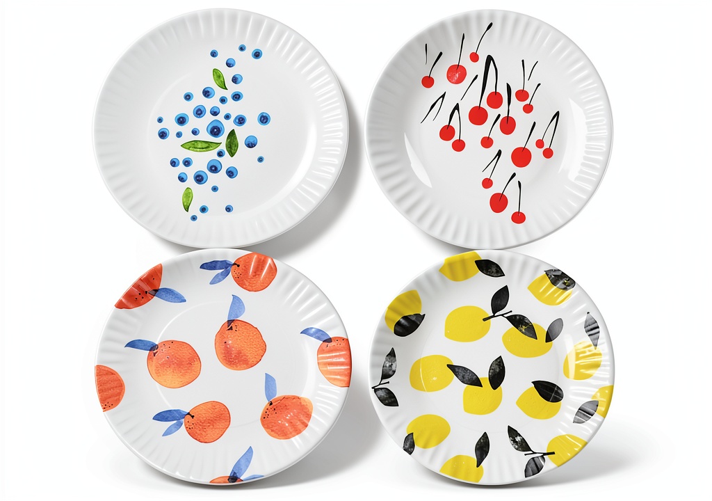 One Hundred 80 Degrees dinner plate with fruit pattern on a dining table