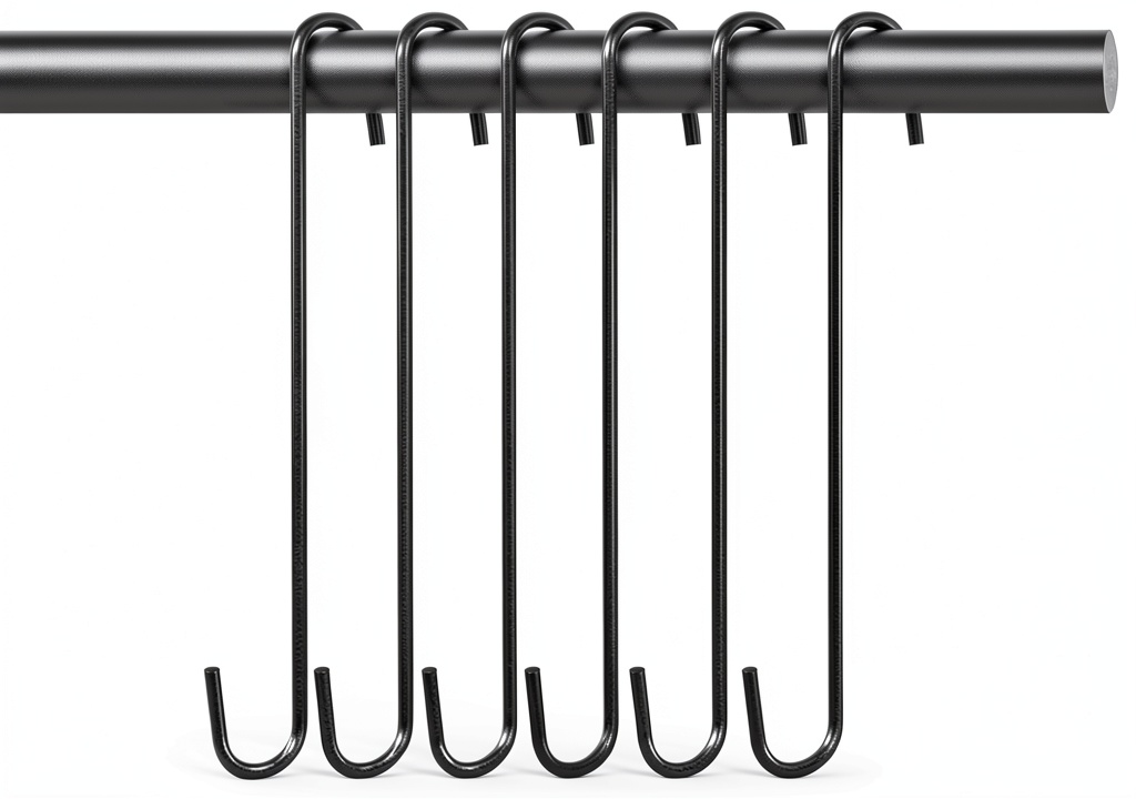 'CMYK S hook mounted on a brick wall with hanging garden tools'
