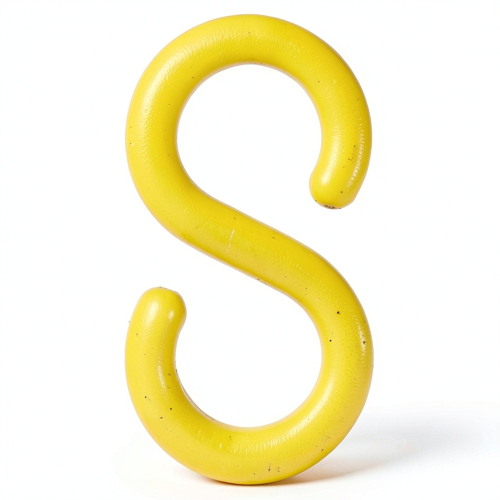 Yellow S‑hooks attached to a plastic chain in a workshop setting