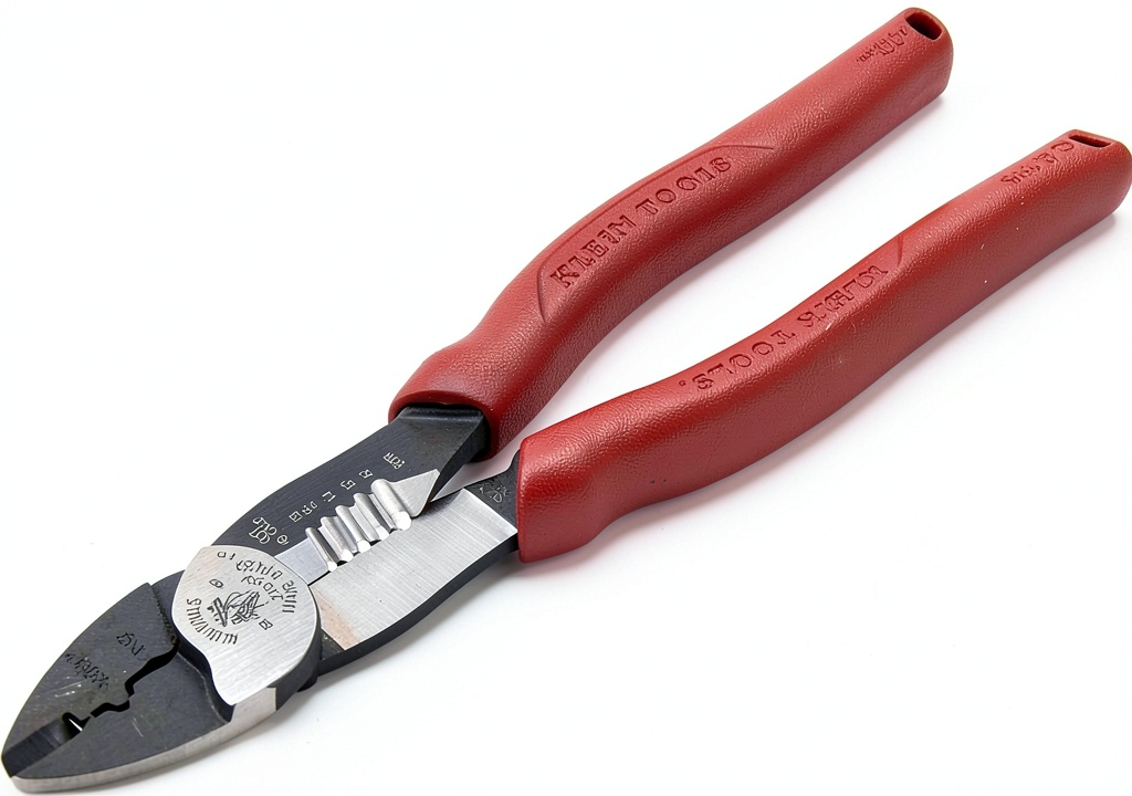 Installing Wire Cutter Klein Tools 2005N Red Hand Tool with Stripper Crimper on a wooden desk